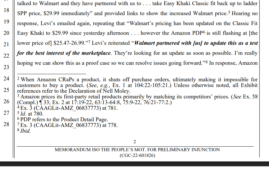 Bằng chứng về việc Amazon yêu cầu Levi's tăng giá tại Walmart