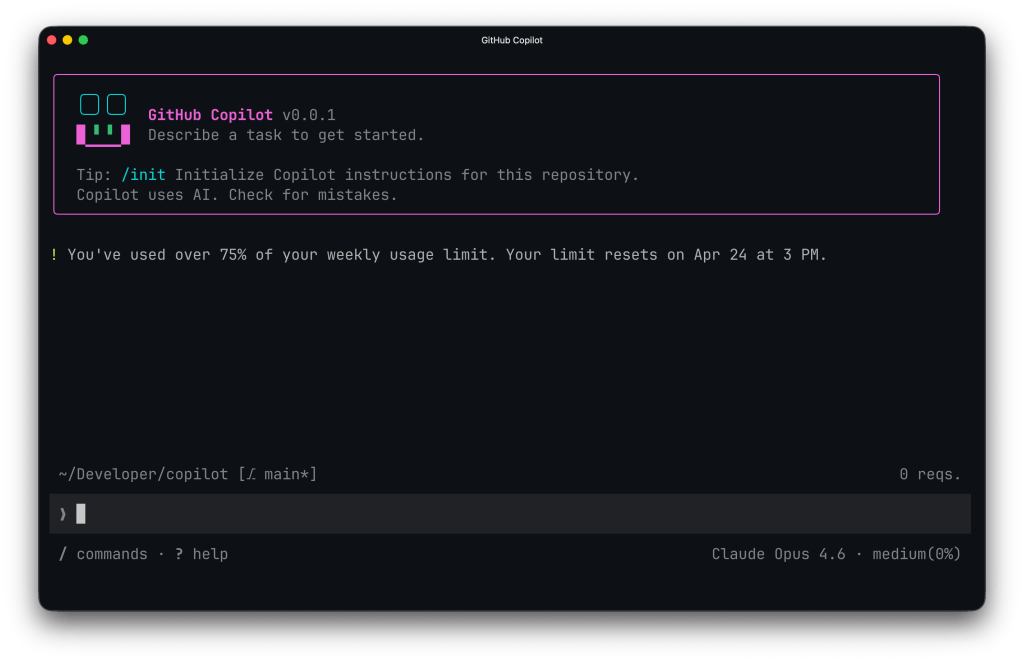 Minh họa giới hạn sử dụng trên Copilot CLI