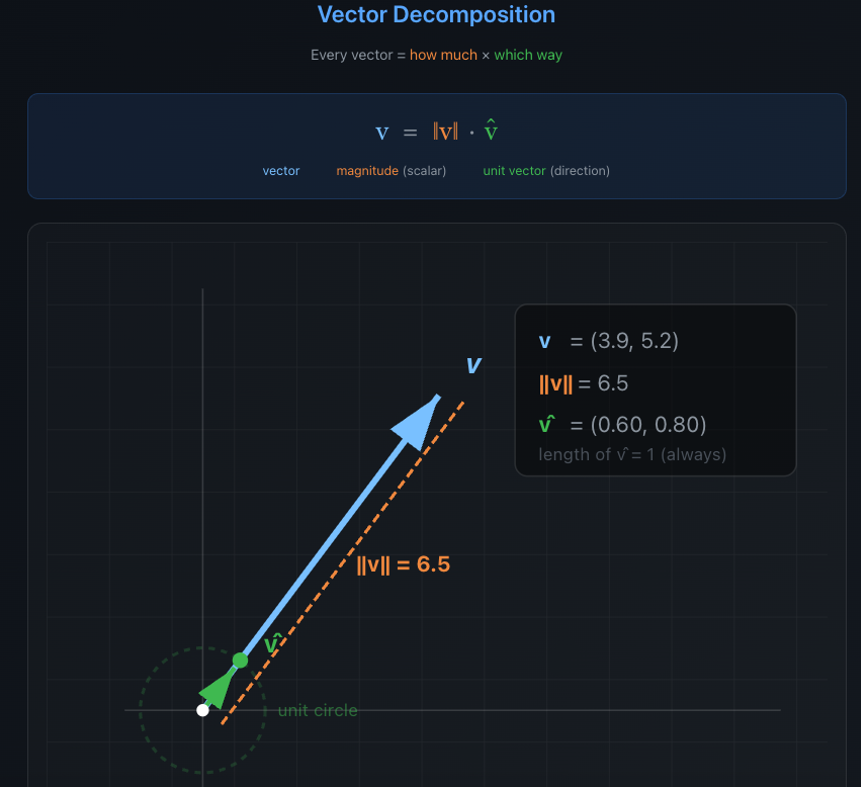 Tách biệt "Bao nhiêu" khỏi "Theo hướng nào". Bất kỳ vector nào cũng có thể được viết dưới dạng tích của độ lớn và vector đơn vị của nó.