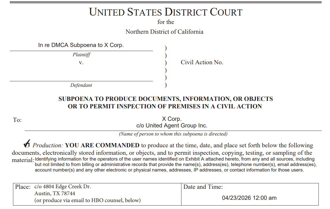 Lệnh triệu tập DMCA được gửi tới X Corp