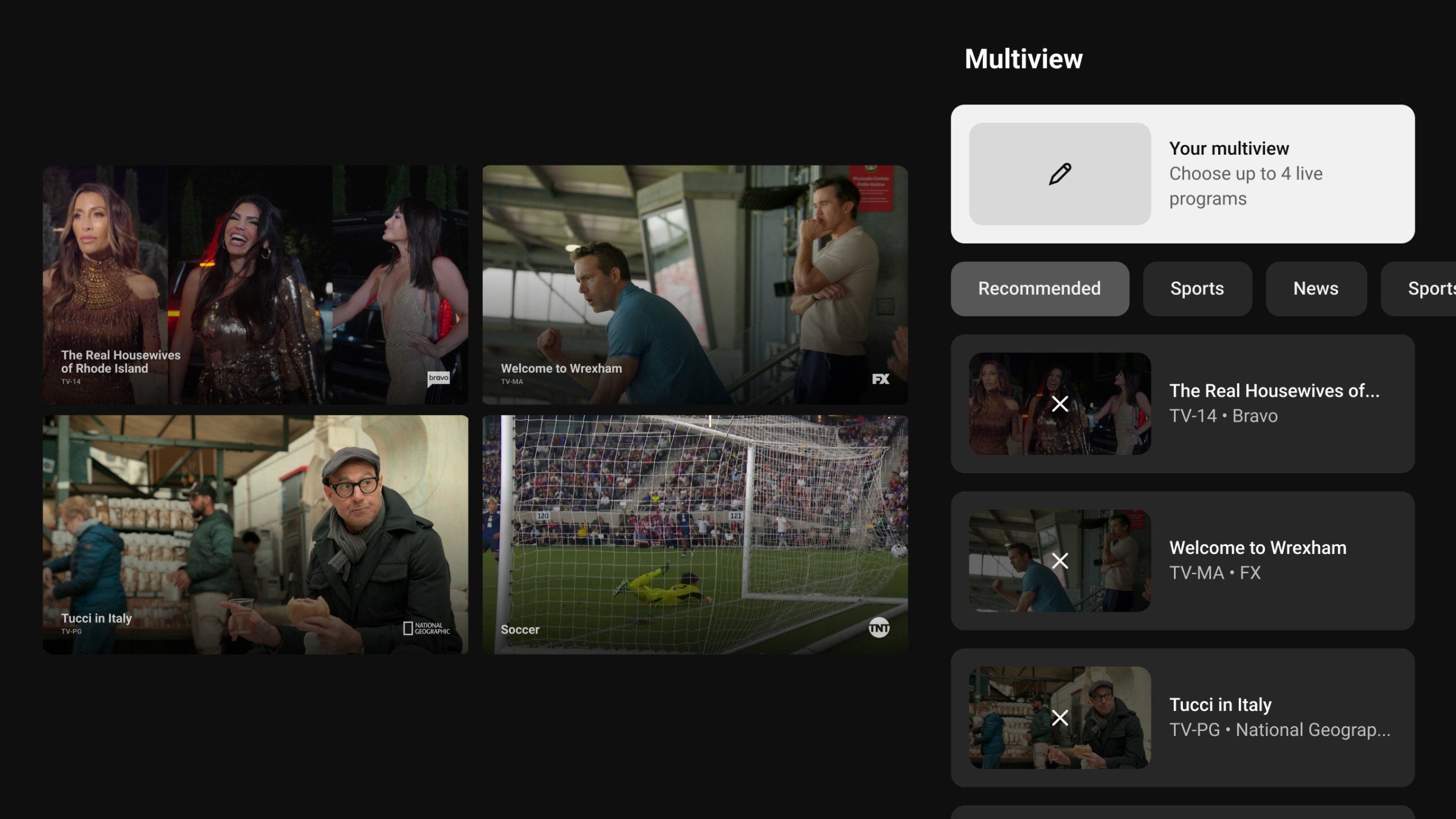 Giao diện tính năng Multiview trên YouTube TV
