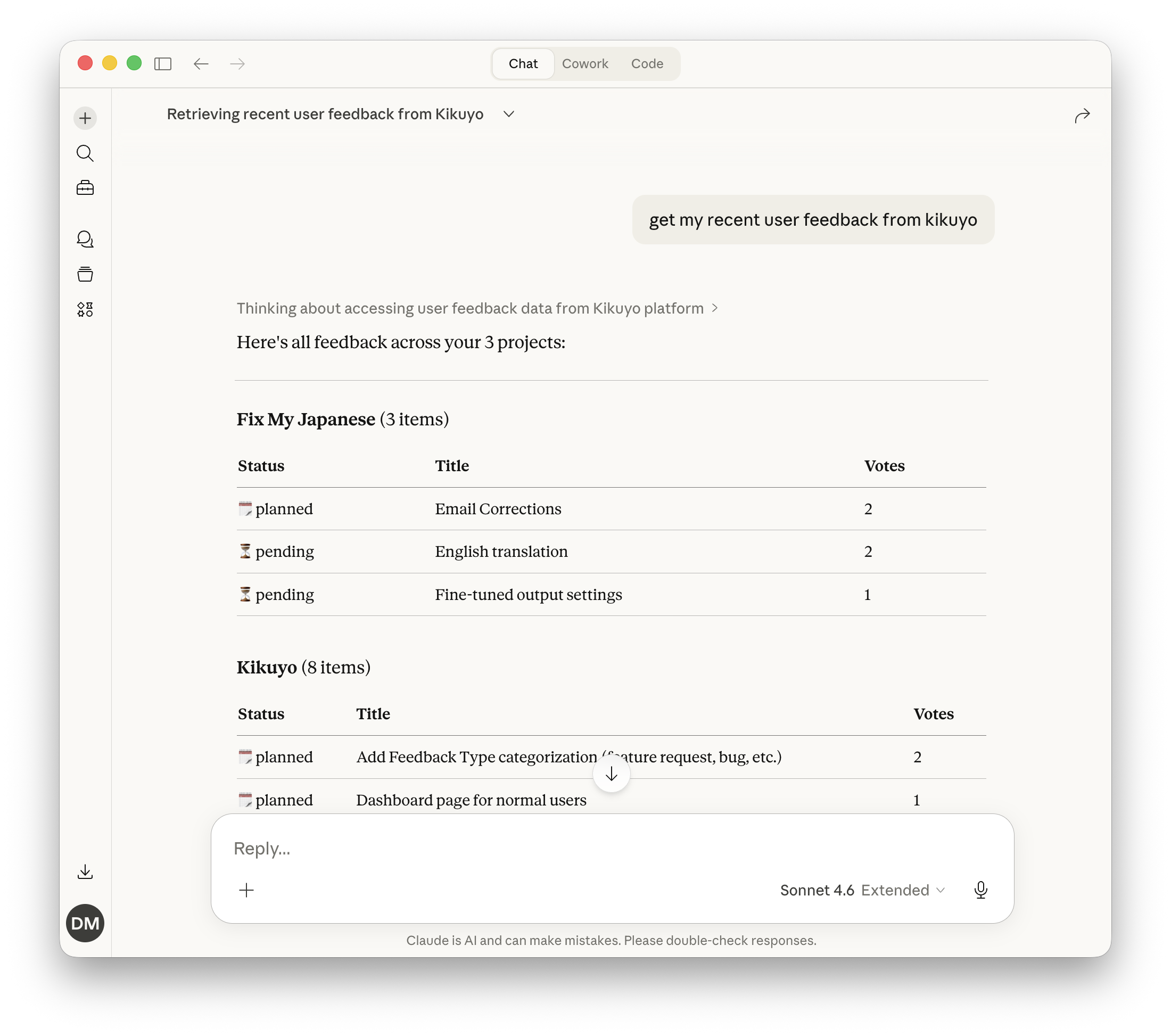 Claude lấy phản hồi người dùng từ Kikuyo thông qua Kikuyo MCP