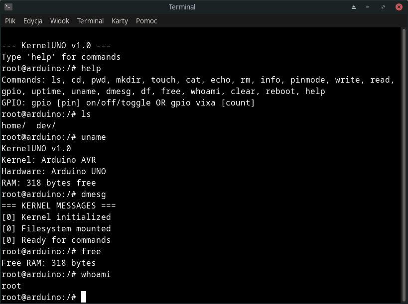 KernelUNO giao diện dòng lệnh trên Arduino