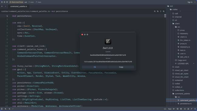 Giao diện trình soạn thảo Zed phiên bản 1.0
