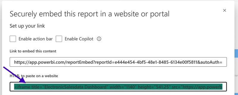 Sao chép mã Iframe nhúng báo cáo
