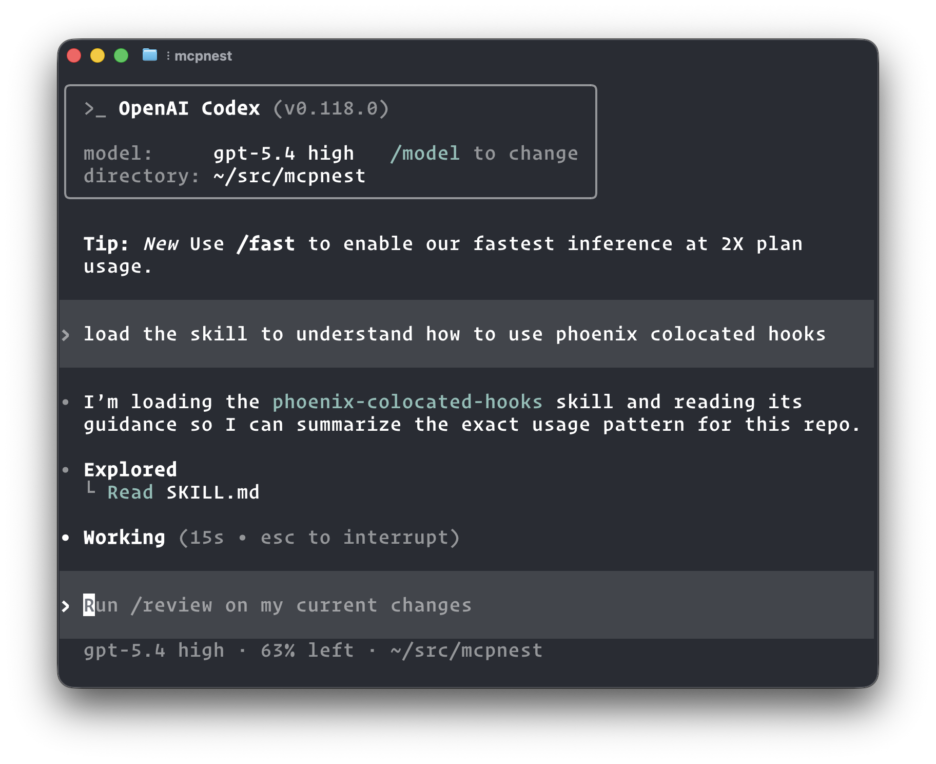 Codex sử dụng kỹ năng kiến thức thuần túy để tìm hiểu cách hook hoạt động