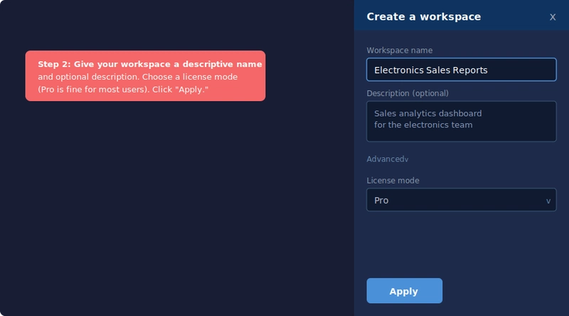 Biểu mẫu tạo workspace với tên và mô tả