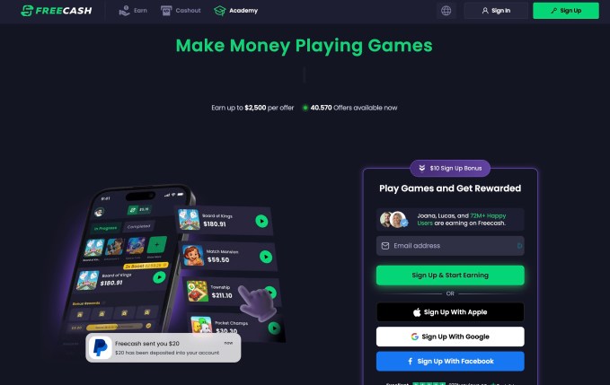 Giao diện website của Freecash
