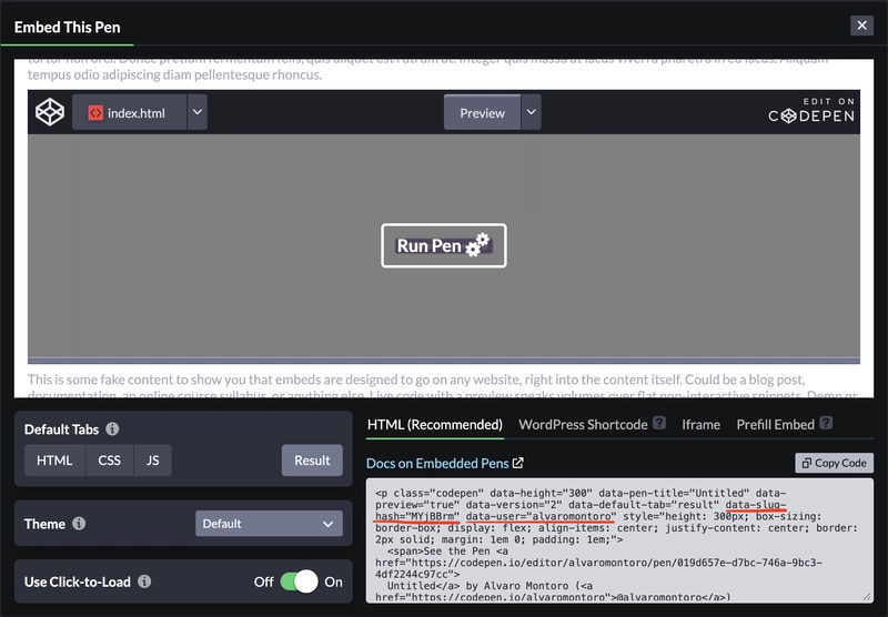 Màn hình chia sẻ của CodePen với các thuộc tính cần tìm