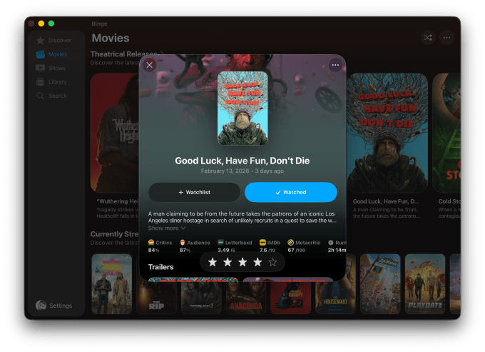 Giao diện ứng dụng Binge trên Mac