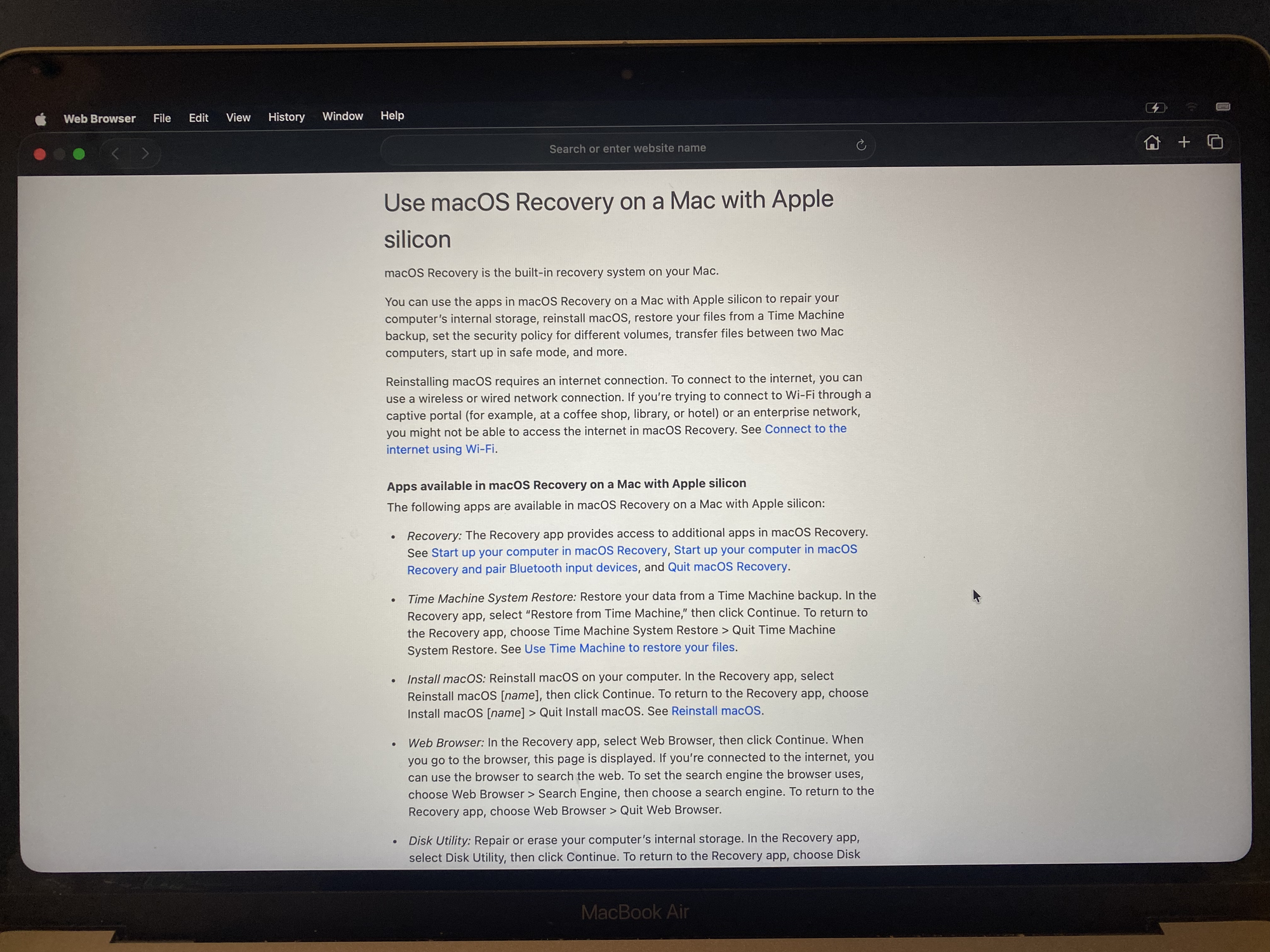 Giao diện Safari trong Recovery Mode
