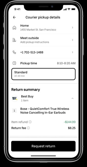 Giao diện tính năng hoàn trả hàng của Uber