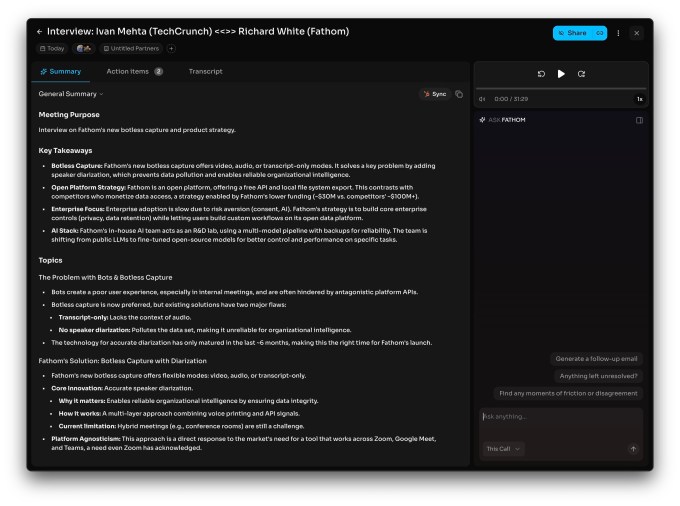 Giao diện tóm tắt cuộc họp của Fathom