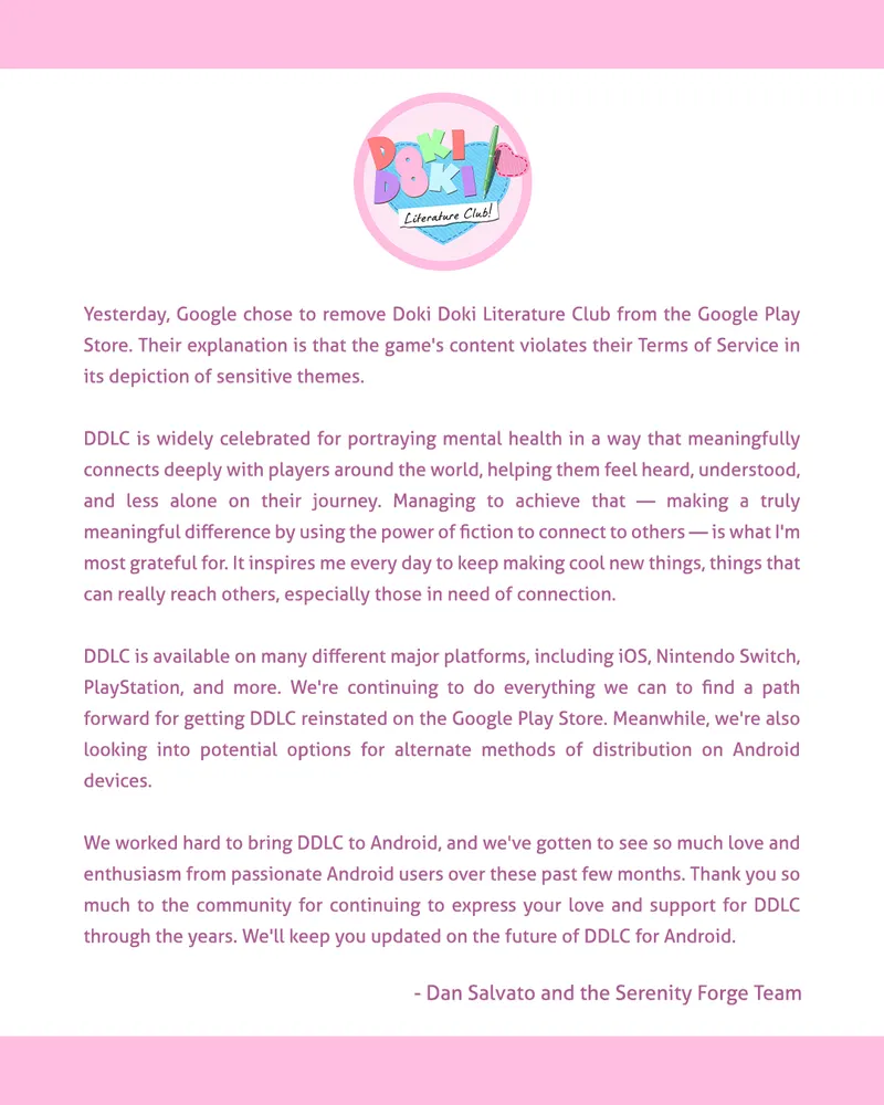 Google gỡ bỏ tựa game "Doki Doki Literature Club" khỏi Google Play