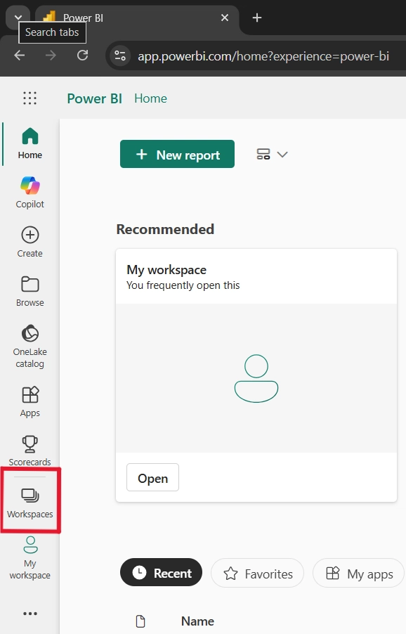 Giao diện Workspaces trên Power BI Service