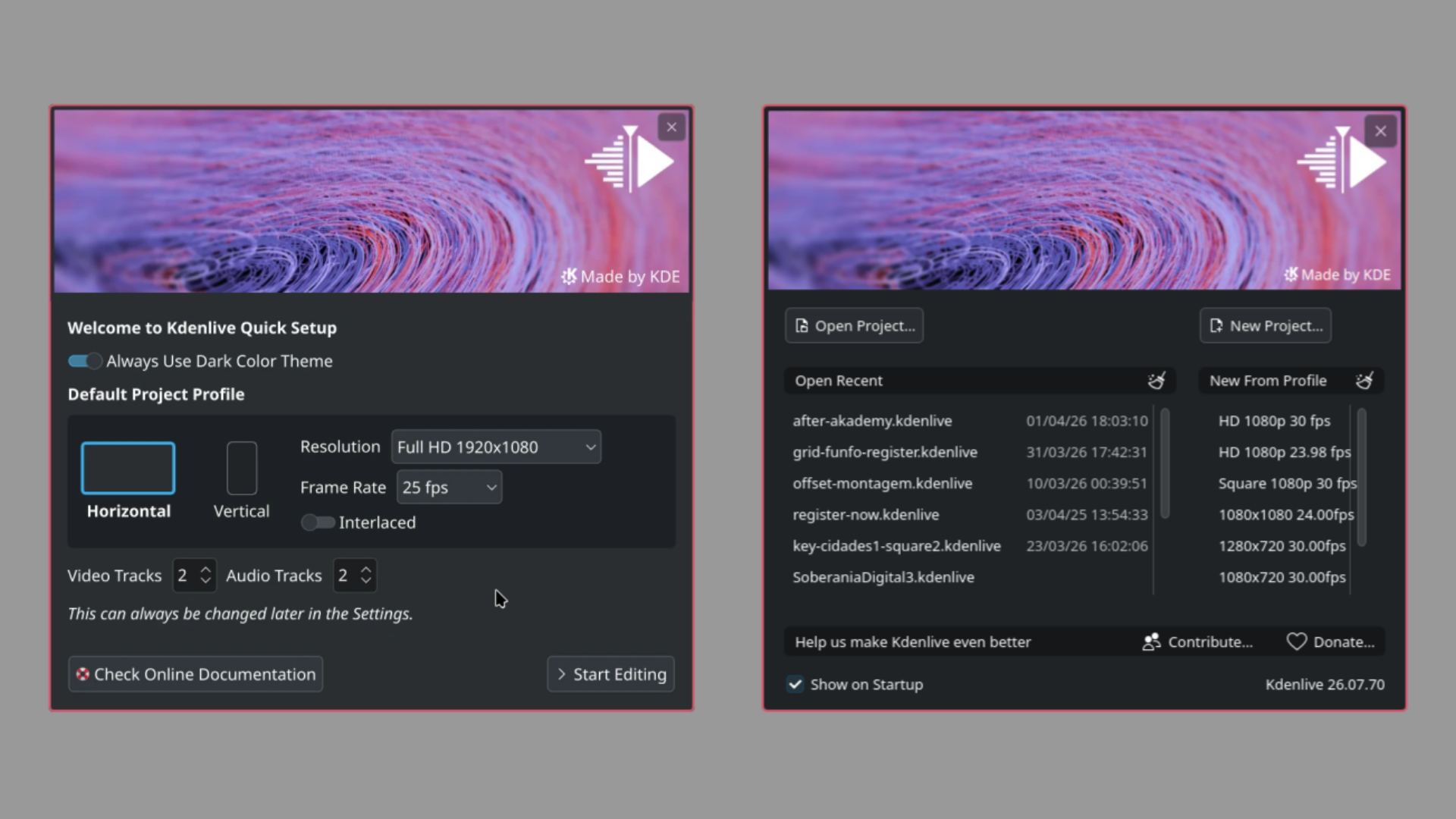 Giao diện chào mừng mới của Kdenlive