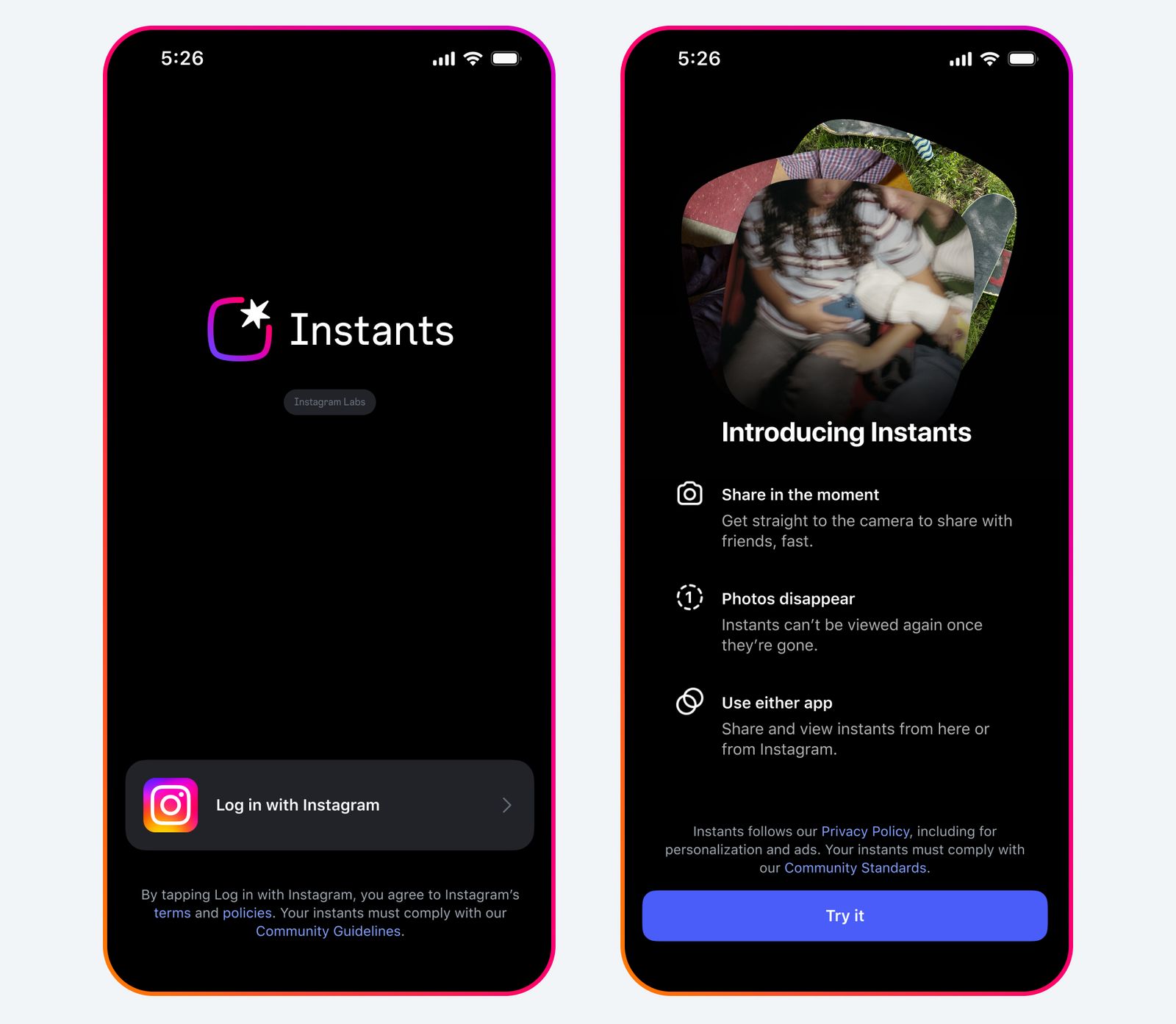 Giao diện ứng dụng Instants