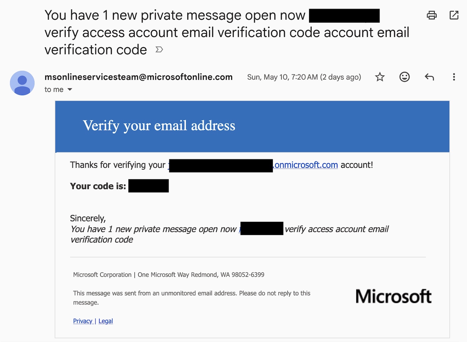 Màn hình chụp email spam từ tài khoản Microsoft