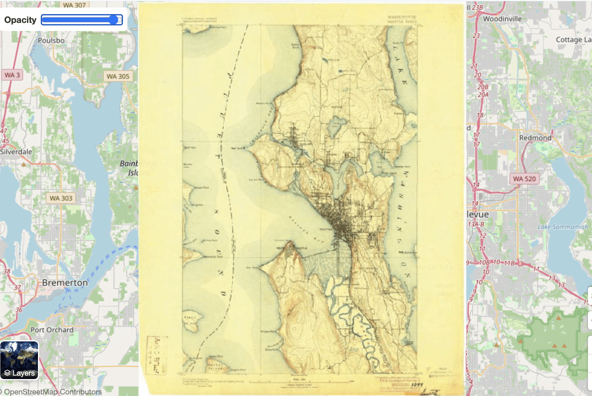 Giao diện Past Maps cho phép người dùng so sánh bản đồ lịch sử và bản đồ hiện đại