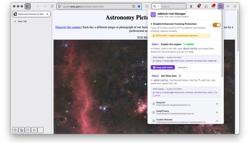 Tiện ích adblock-rust Manager trên Firefox