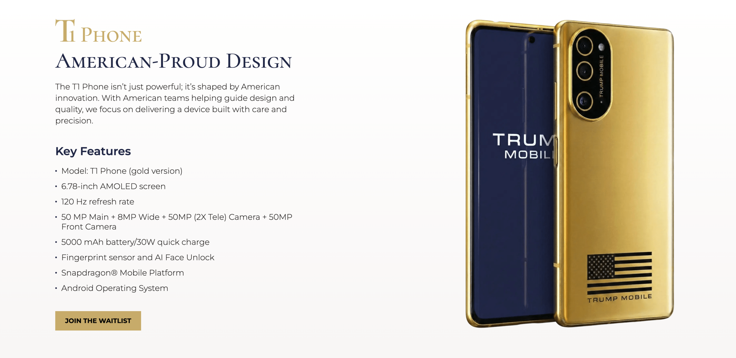 Màn hình chụp trang web Trump Mobile với tuyên bố về sự đổi mới của Mỹ