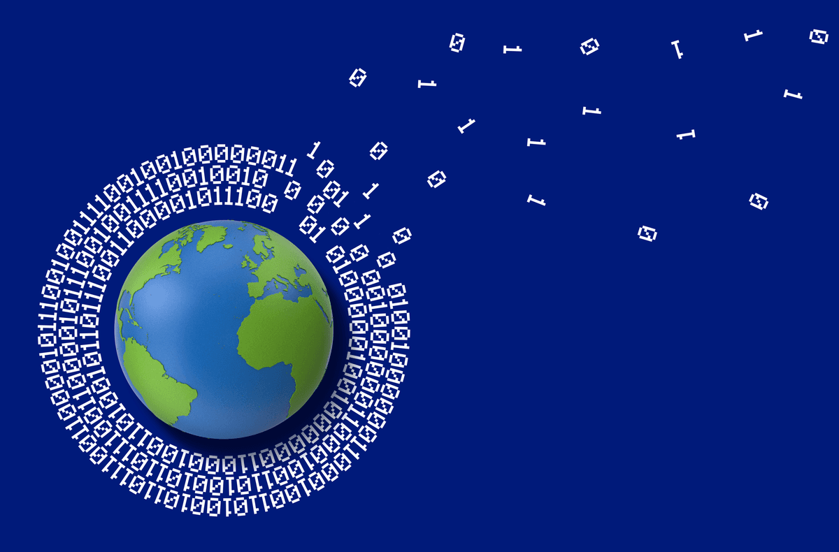 Globe surrounded by zeroes and ones
