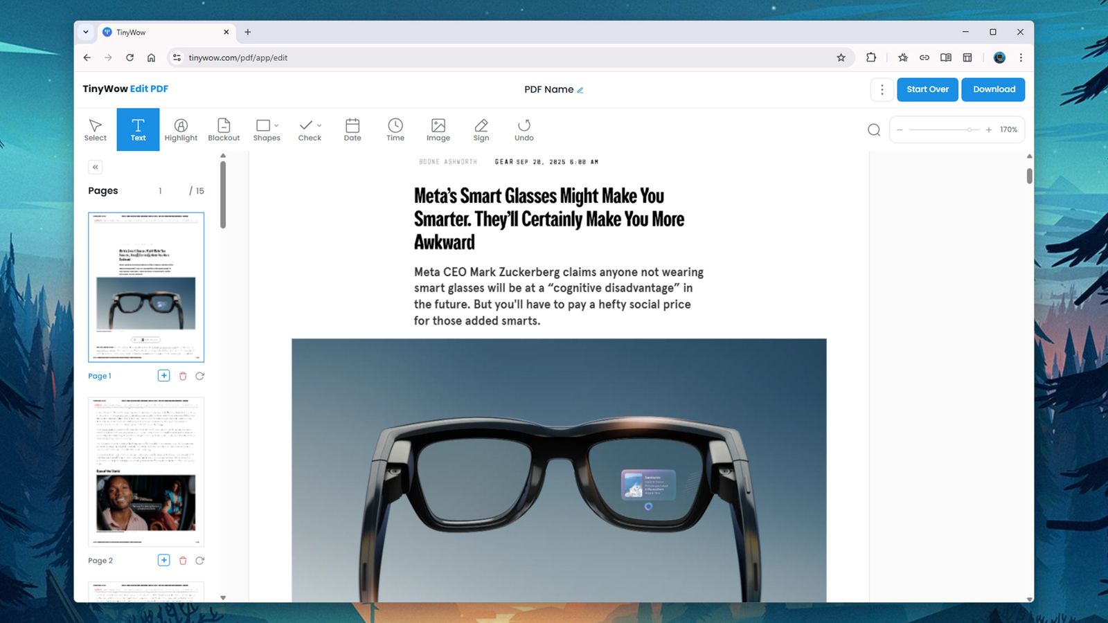 Giao diện chỉnh sửa PDF trên TinyWow
