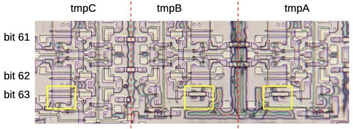 Một khối 4-bit trong bộ cộng khi lớp kim loại được loại bỏ