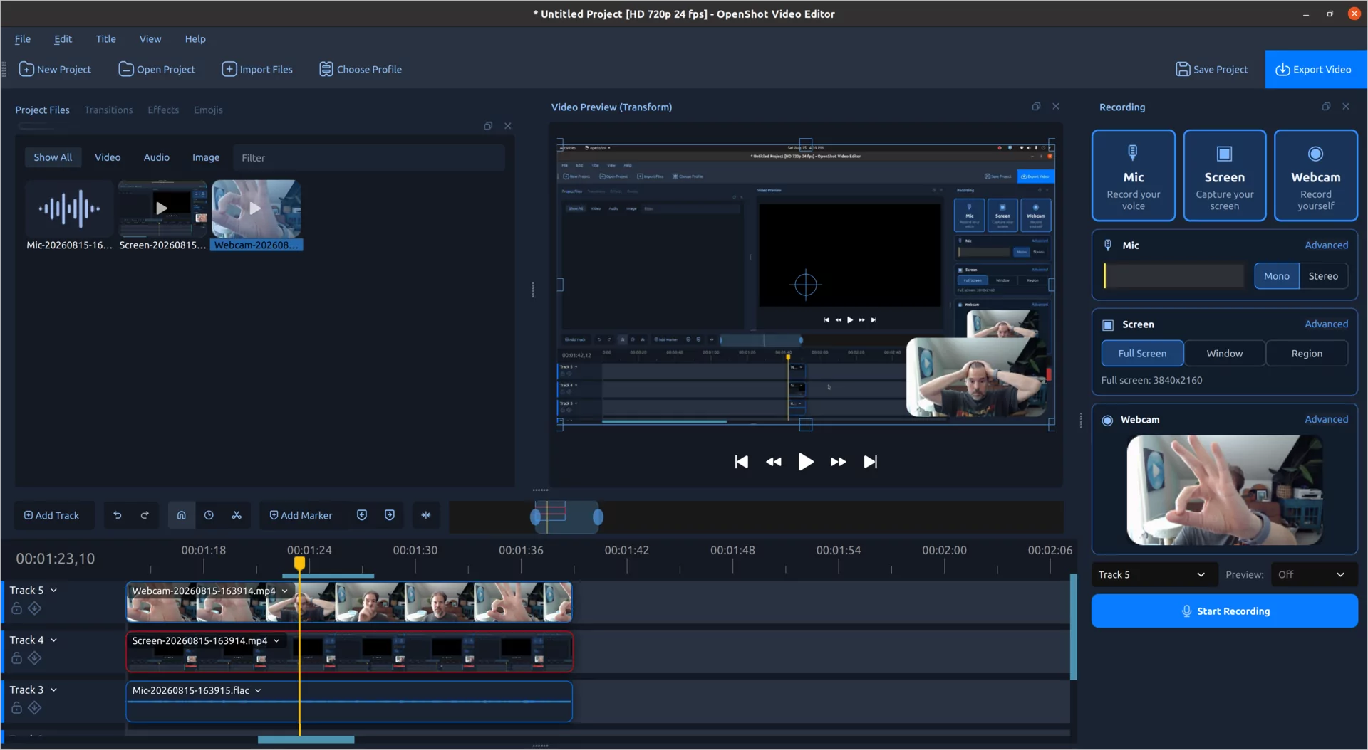Giao diện Recording View với các tùy chọn ghi microphone, màn hình và webcam