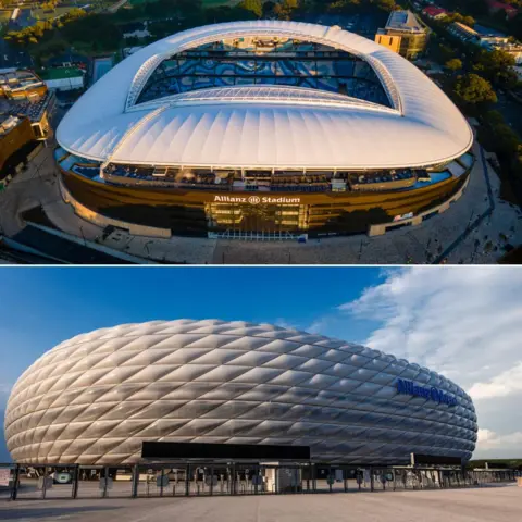 Hình ảnh so sánh giữa sân Munich (dưới) và thiết kế huy chương