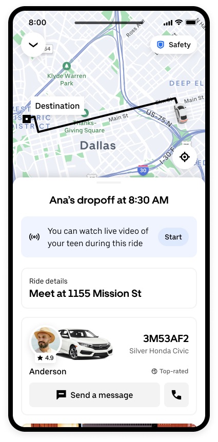 Minh họa tính năng theo dõi chuyến đi của Uber