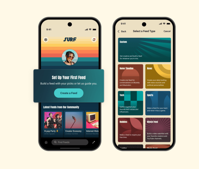 Giao diện ứng dụng Surf của Flipboard với các feed tùy chỉnh