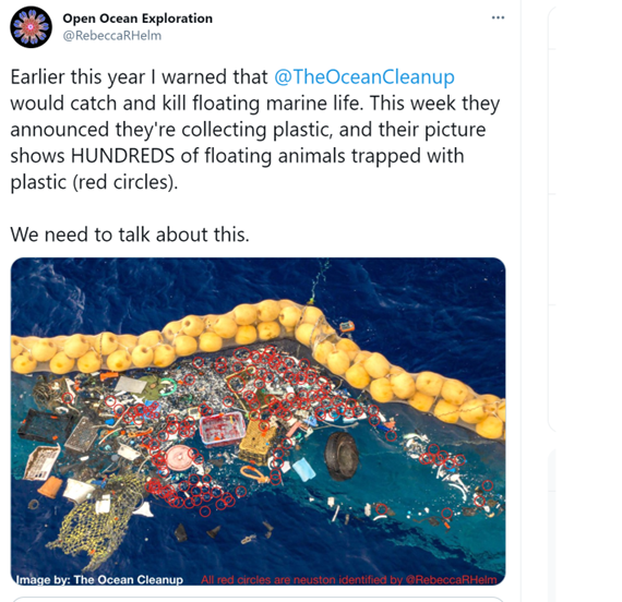 Ảnh chụp màn hình phản hồi của nhà khoa học trên Twitter về Ocean Cleanup