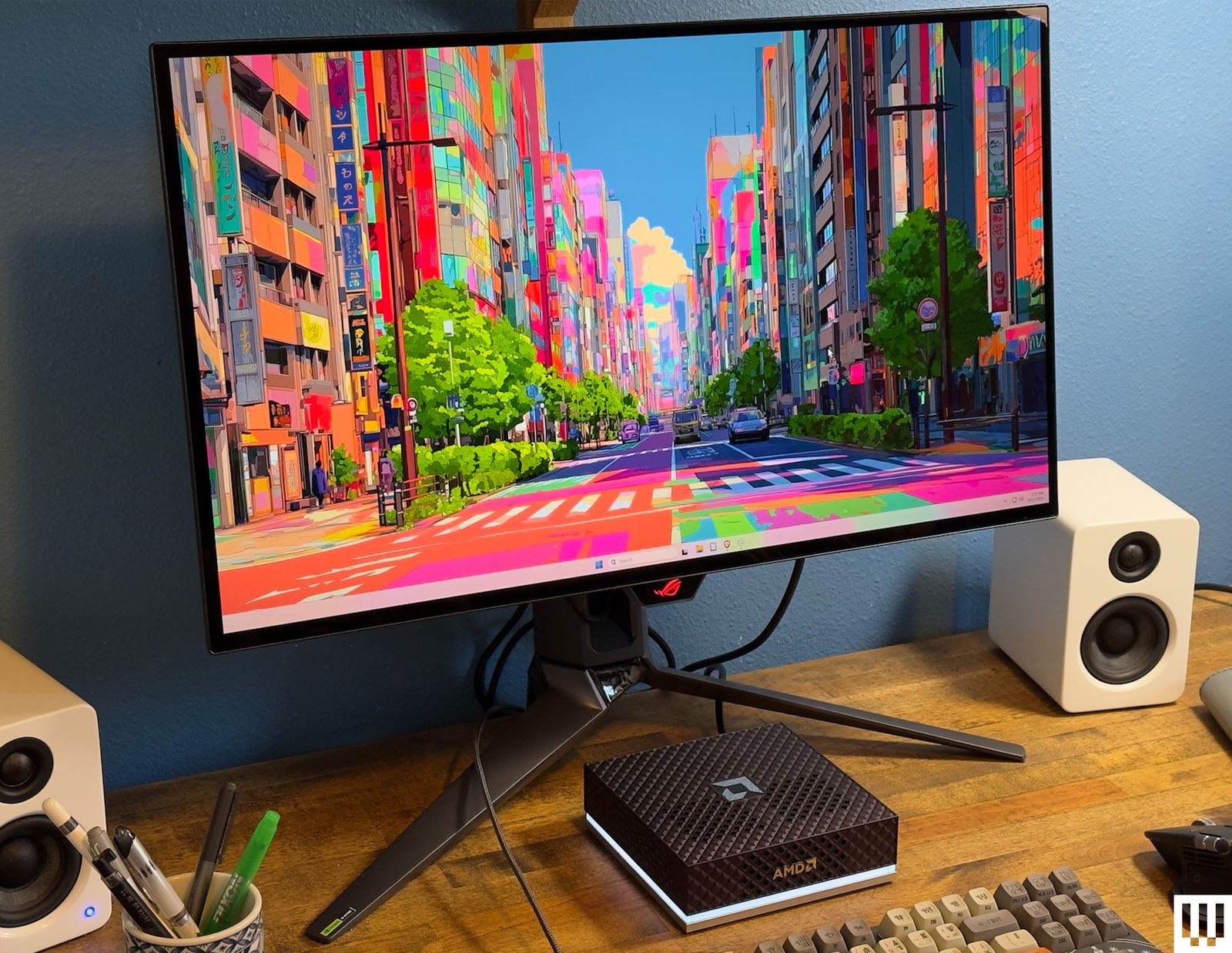 Asus ROG Swift OLED PG27UCWM nhìn từ phía sau với thiết kế RGB