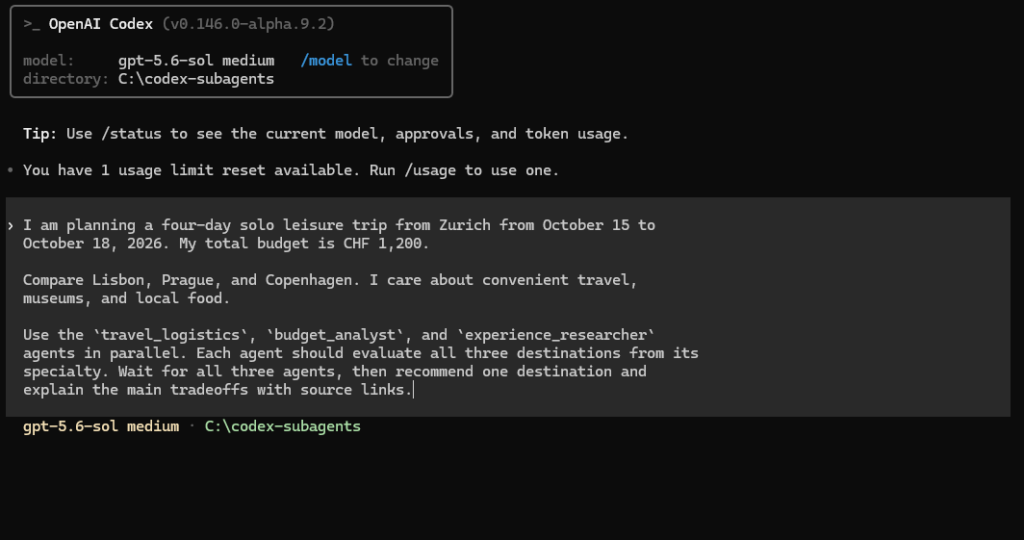 Codex CLI khởi động và nhận prompt du lịch