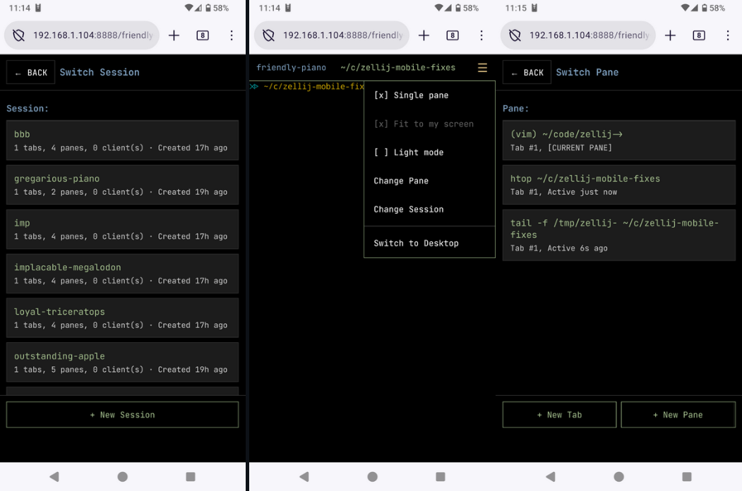 Mobile Web UI của Zellij