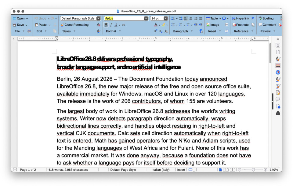Giao diện LibreOffice 26.8 trên macOS với ribbon UI giống Microsoft Office