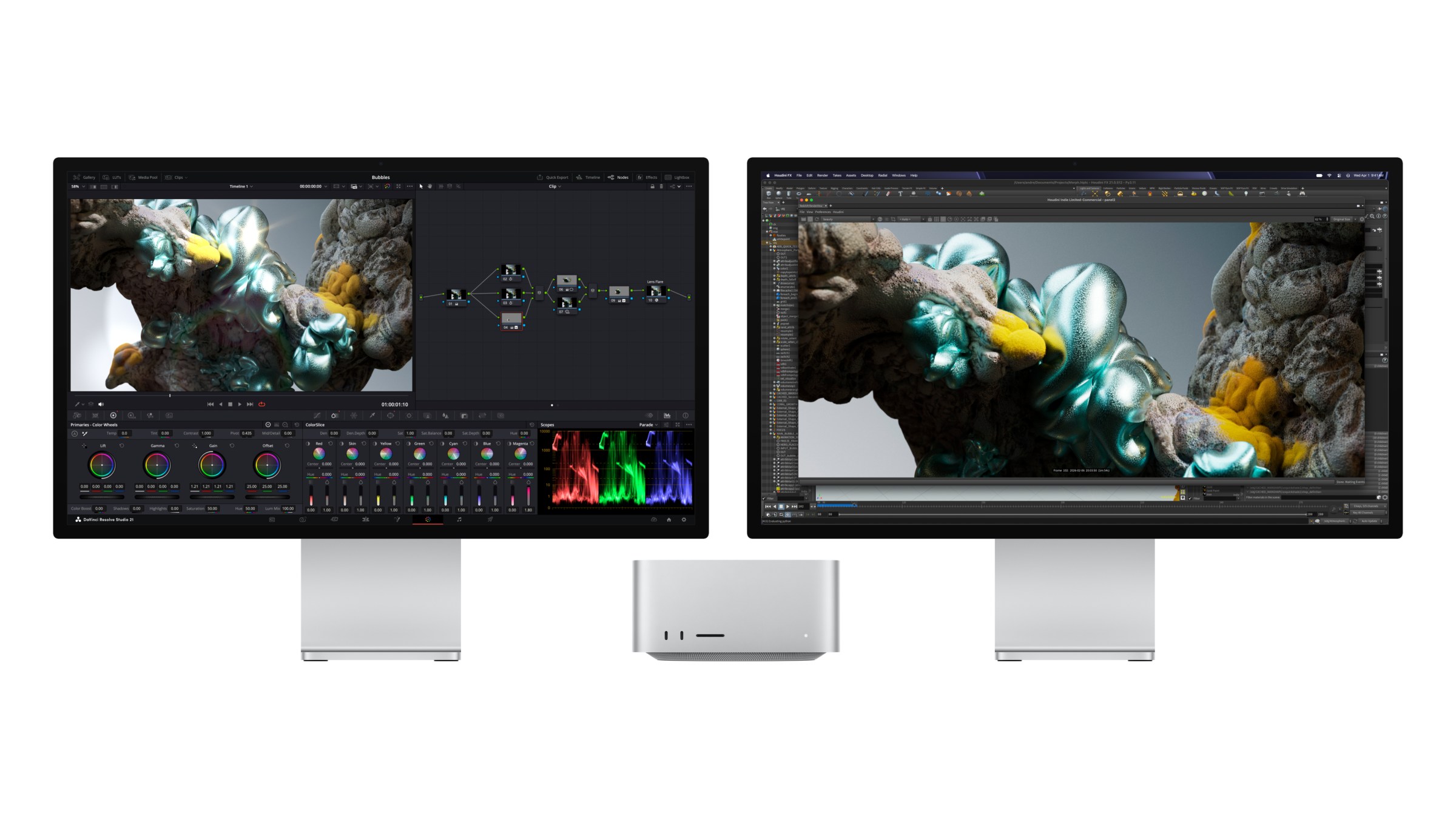 Mac Studio chạy DaVinci Resolve Studio và Maxon Redshift trên hai màn hình