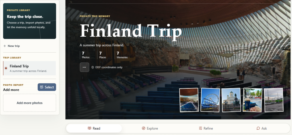 Giao diện ứng dụng travel-memory được xây dựng từ workflow Gemma 4 và Ollama