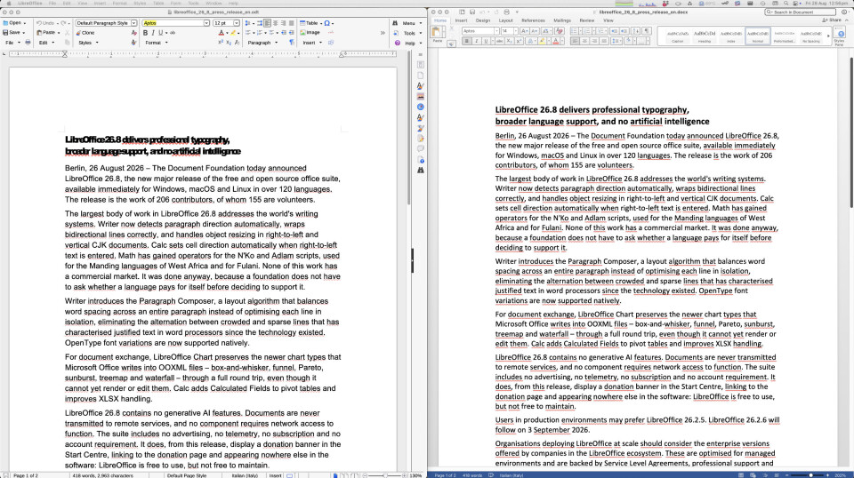 So sánh phát hành ODT trên LibreOffice 26.2 và DOCX trên Microsoft Word 2016