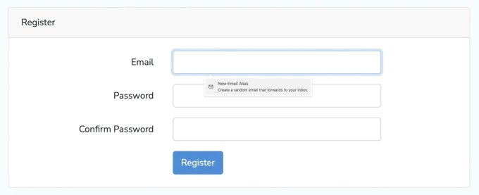 Giao diện tính năng email alias trên trình duyệt Brave
