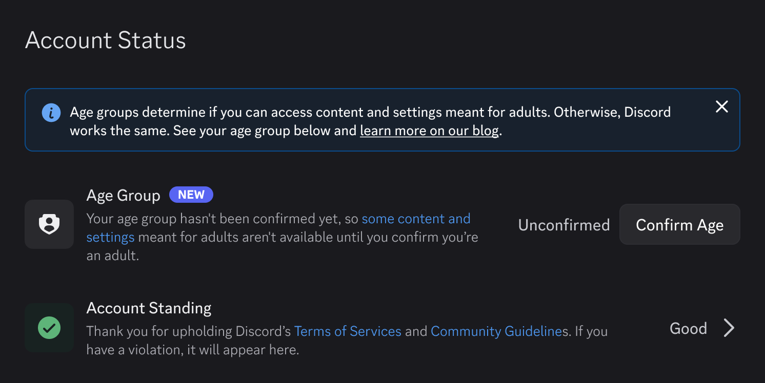 Giao diện trạng thái tài khoản Discord