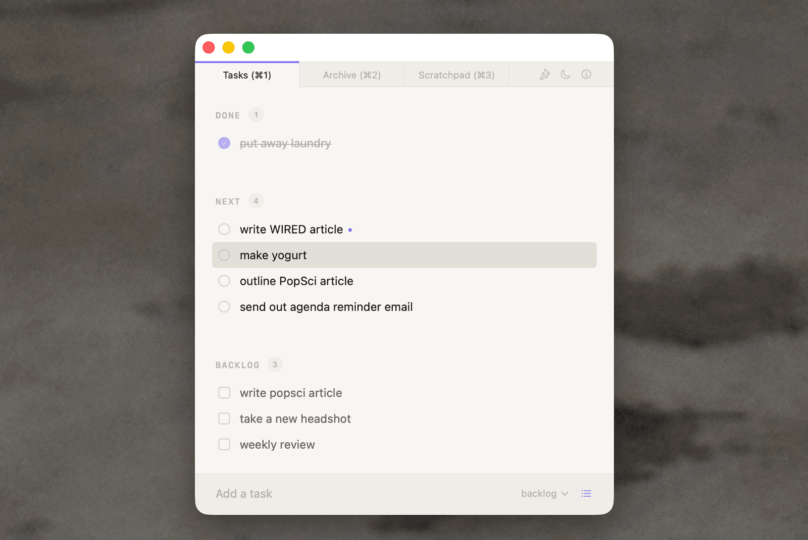 Giao diện ứng dụng Tasks.txt với các mục Done, Next và Backlog