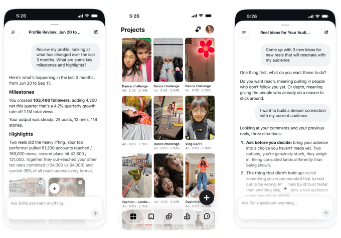 Giao diện trợ lý AI trong ứng dụng Edits của Instagram