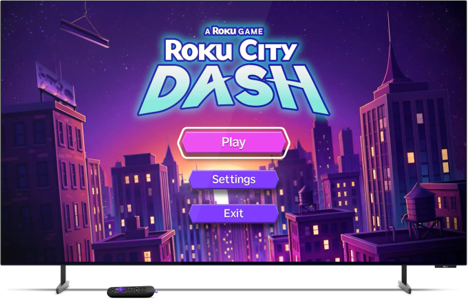 Trò chơi Roku Dash với UFO bay qua thành phố Roku City
