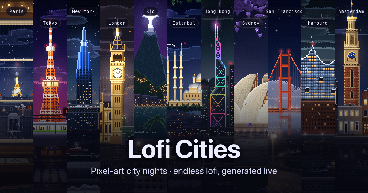 Lofi Cities: Đêm phố pixel với nhạc lofi tạo trực tiếp trên trình duyệt