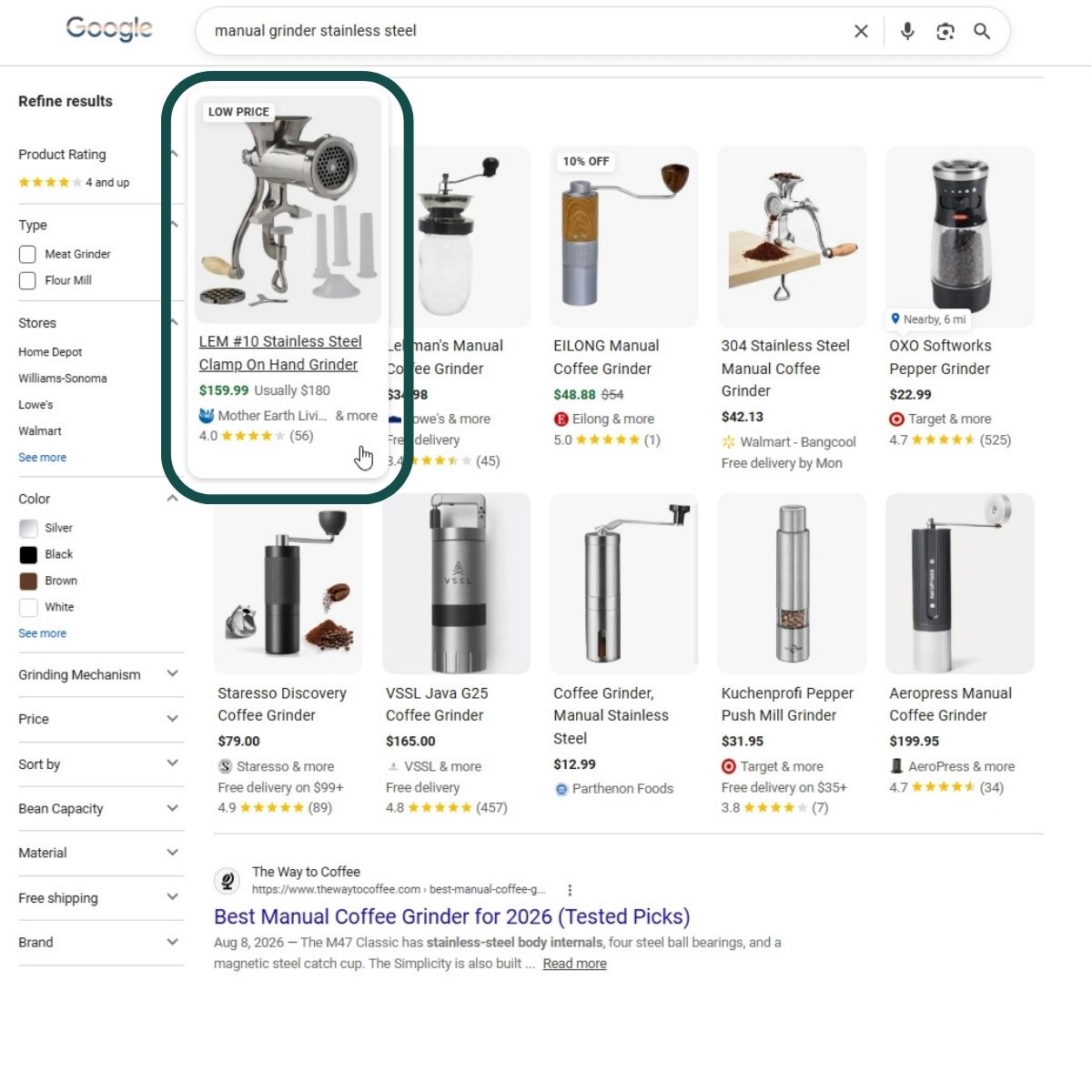 Ví dụ về sự thay đổi người bán giữa SERP và AI Mode