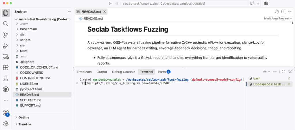 Giao diện GitHub Security Lab Taskflow Agent cho fuzzing