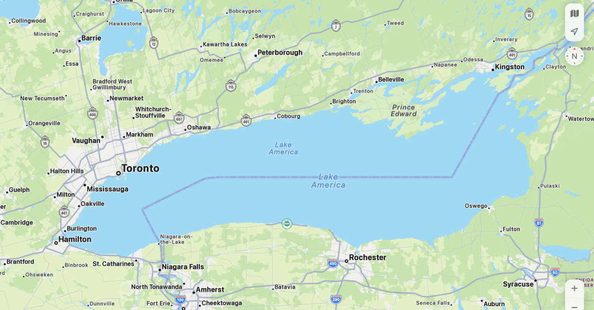 Apple Maps đổi tên hồ Ontario thành 'Lake America', nối gót Google