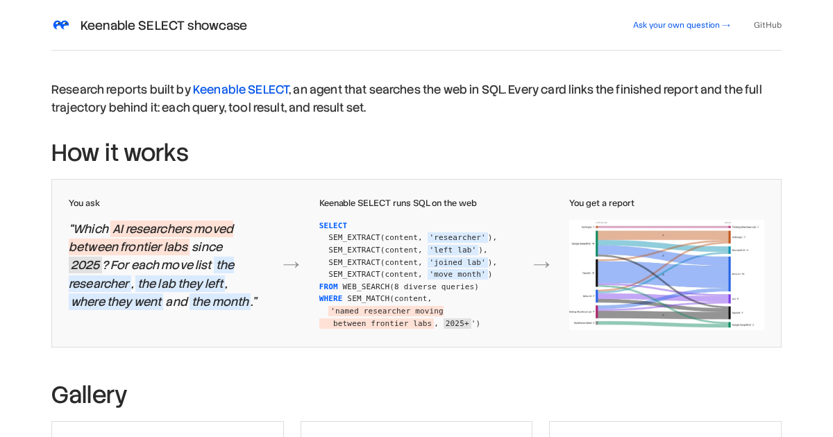 Keenable SELECT: Trình đại lý AI tìm kiếm web bằng ngôn ngữ SQL